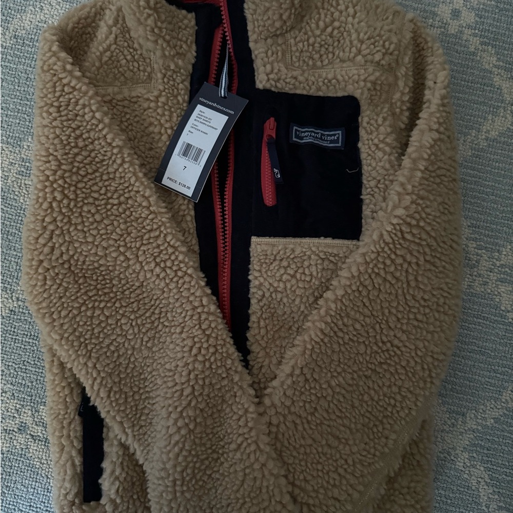 Vineyard Vines Kids Beige Sherpa Jacket with Red Accent